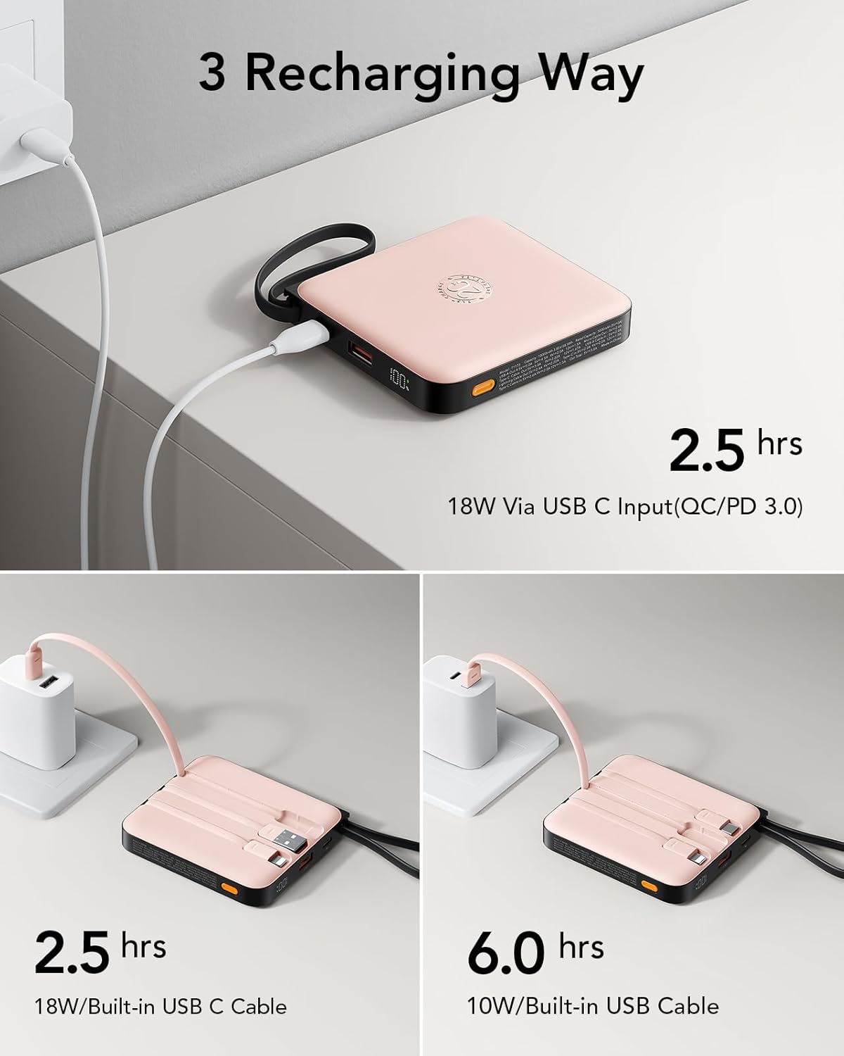 Mini Portable Charger, 22.5W USB C Fast Charging 10000mAh Pocket Power Bank with Built-in Cable