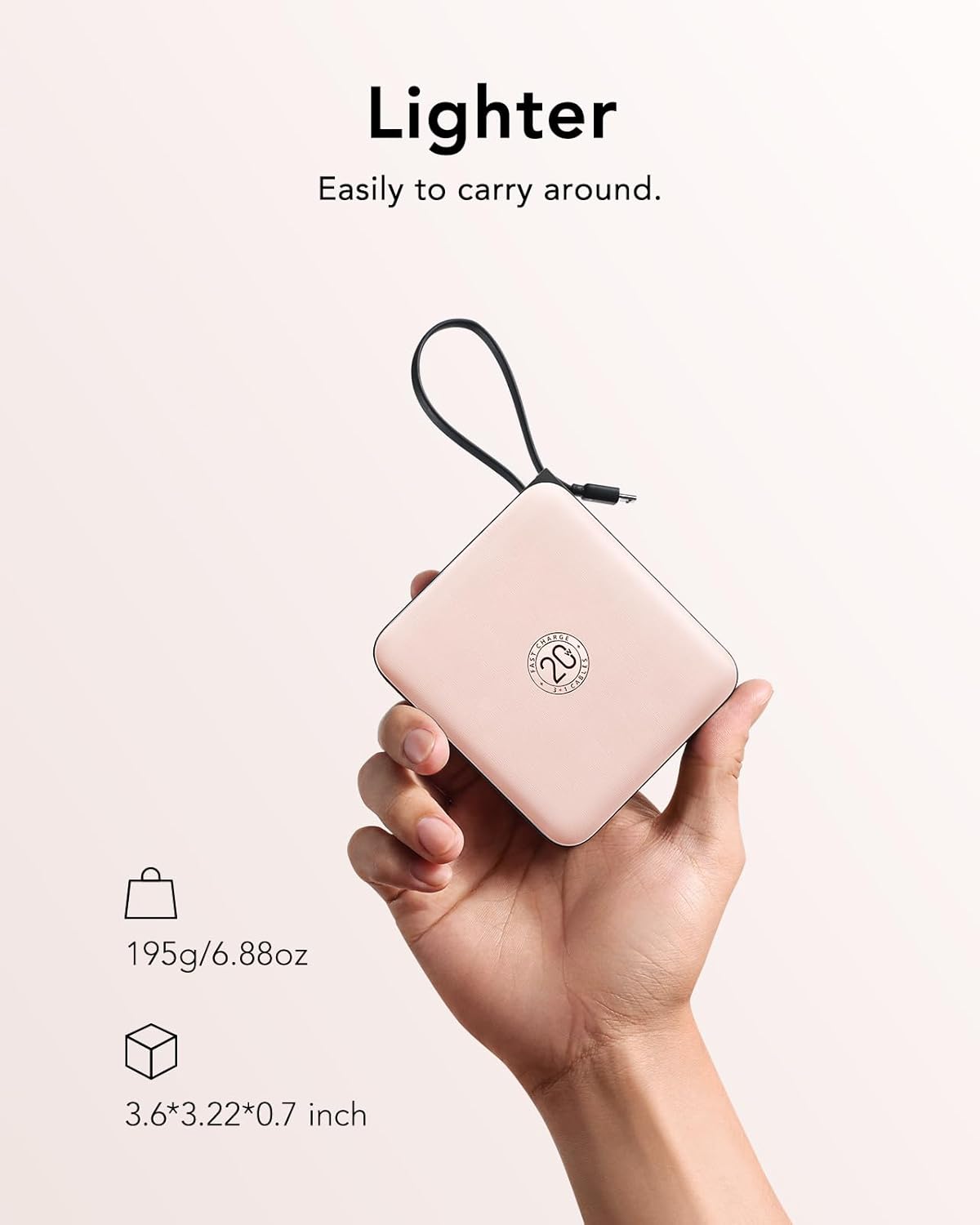 Mini Portable Charger, 22.5W USB C Fast Charging 10000mAh Pocket Power Bank with Built-in Cable