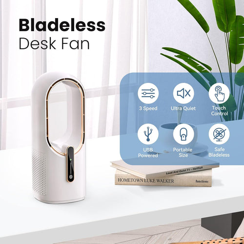 Desk Fan Bladeless, 11.8 Inch Office Fan Small, Quiet, 3 Speed Adjustment, Touch Control, Easy to Clean, Desk Fans Small Quiet, Ideal for Office