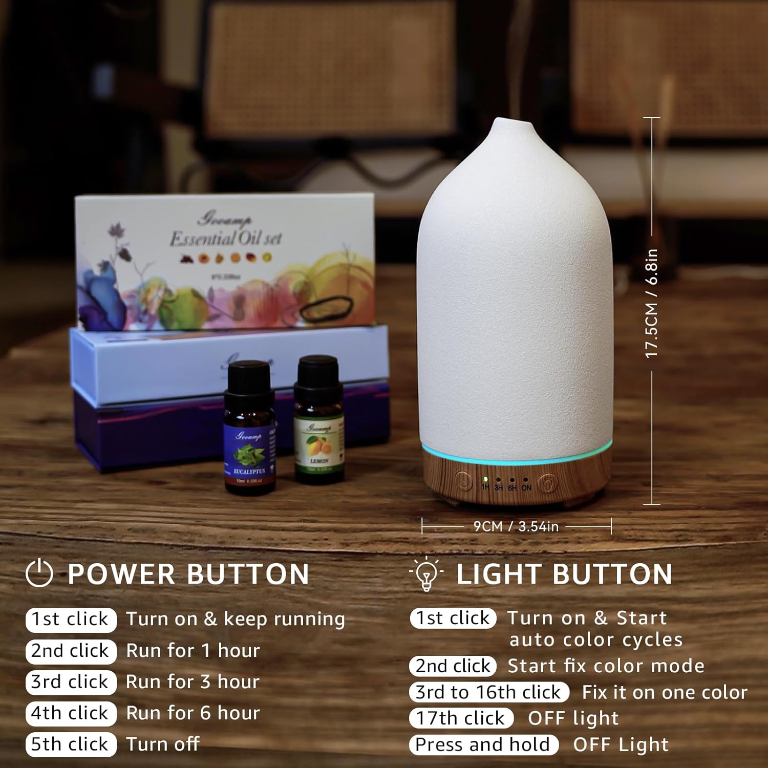 200ML Ceramic Essential Oil Diffuser - Ultrasonic Aromatherapy & Humidifier with 7-Color LED Lights